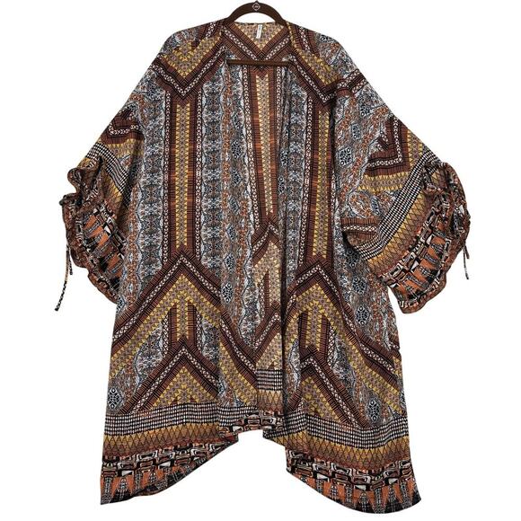 Cato Kimono Plus One Size Brown Yellow Ruffle Tie Sleeve Open Cover Up Duster - Picture 1 of 9